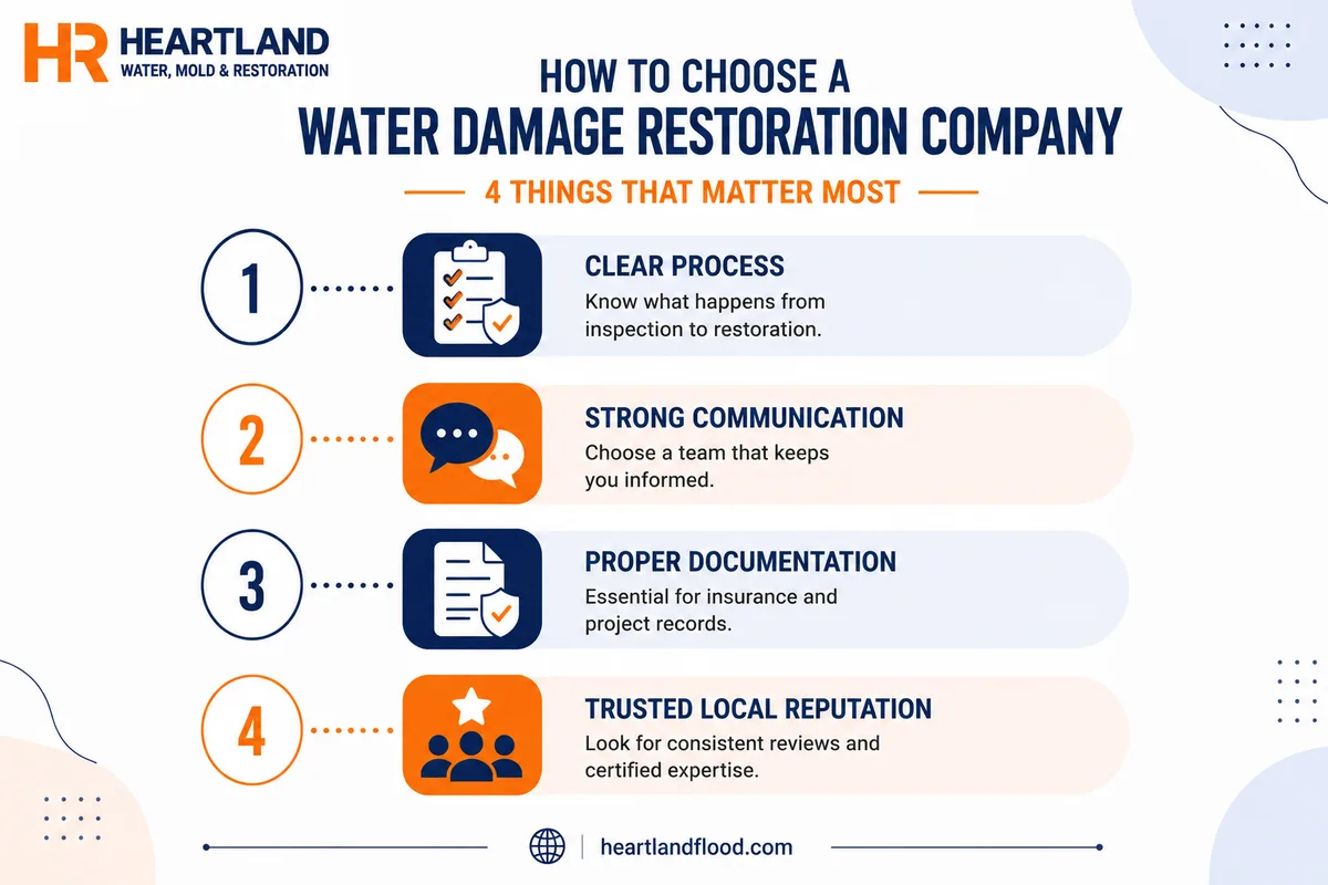 Four things that matter when choosing a restoration company: a clear process, strong communication, proper documentation, and a trusted reputation
