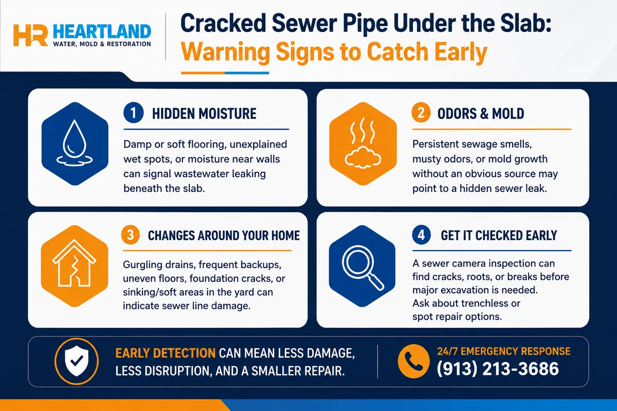 Four early warning signs of a cracked slab sewer pipe: hidden moisture, odors and mold, changes around the home, and a sewer camera inspection