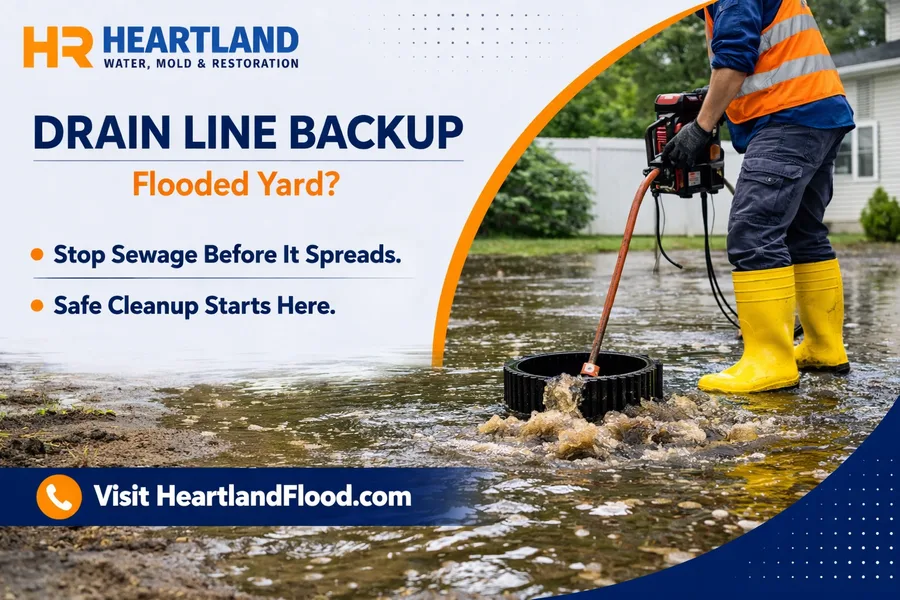 Restoration technician in protective gear cleaning up a yard sewage backup near a Kansas City home