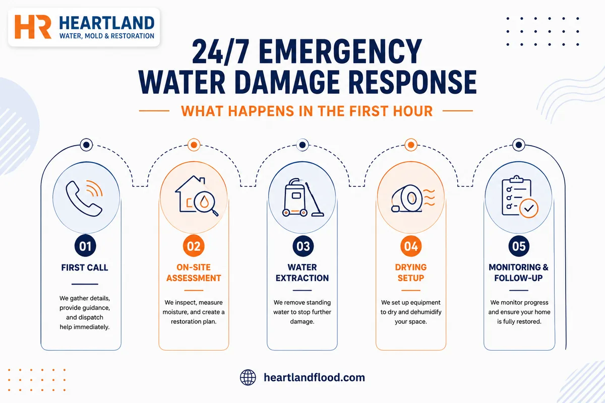 Five stage emergency water damage response: first call, on-site assessment, water extraction, drying setup, monitoring and follow-up