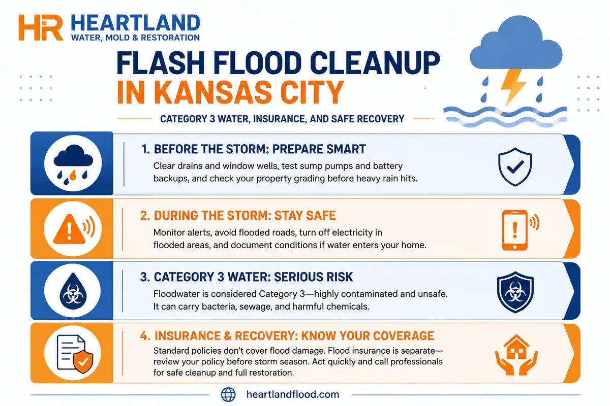 Four stage flash flood plan for Kansas City: prepare before, stay safe during, Category 3 water risk, insurance and recovery
