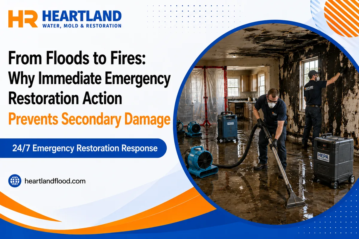 Emergency restoration crew responding to fire, smoke, and firefighting water damage at a Kansas City home