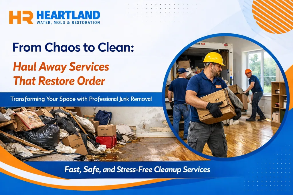 Professional haul away crew clearing flood damaged debris and junk from a Kansas City home