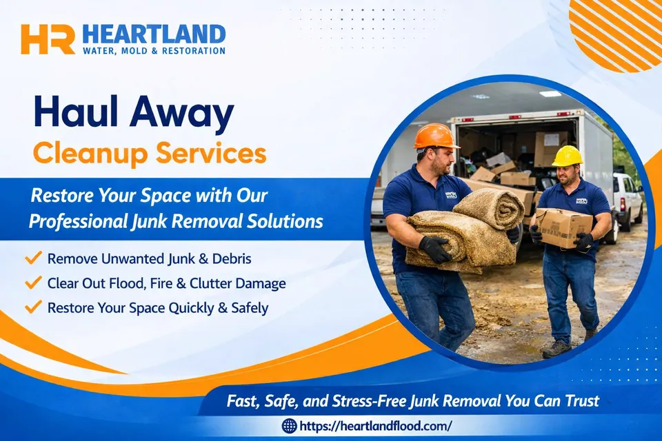 Professional haul away team removing flood-damaged debris and furniture from a Kansas City property