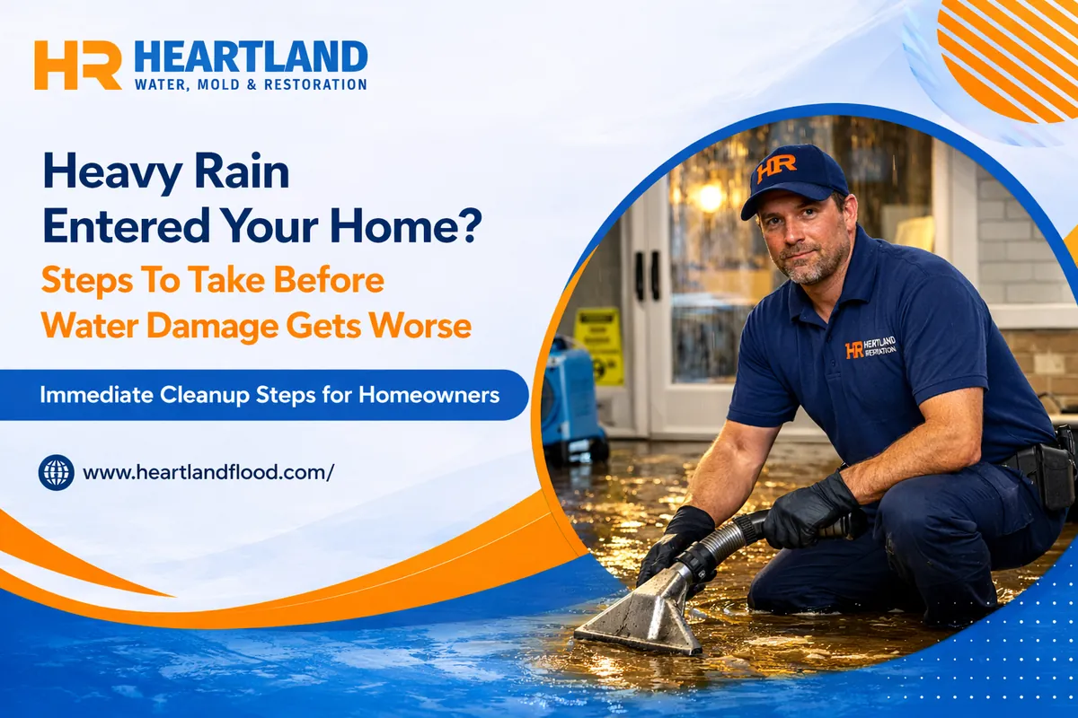 Heartland Restoration technician extracting standing water from a Kansas City home after heavy rain