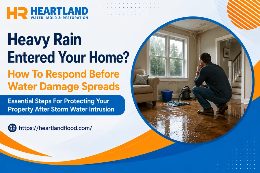 Kansas City homeowner assessing a water-damaged room and drying the floor after heavy rain