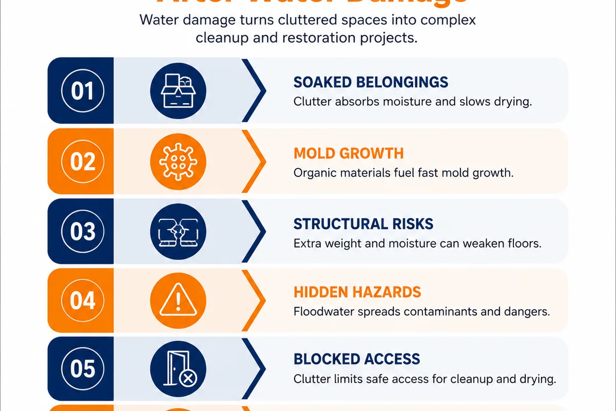 Cluttered hoarded home interior with water damage awaiting professional cleanout in Kansas City