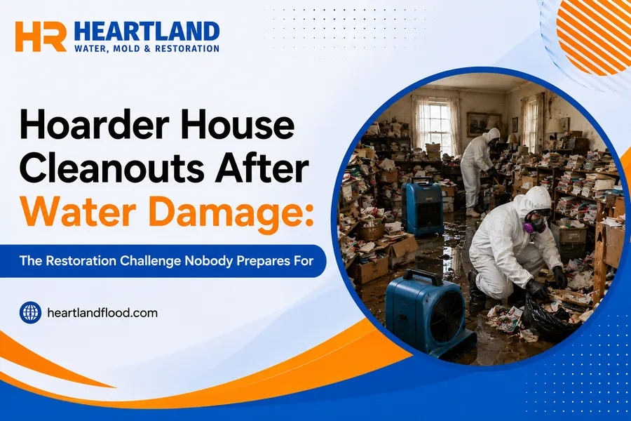 Restoration crew sorting salvageable belongings during a hoarder house cleanout after water damage