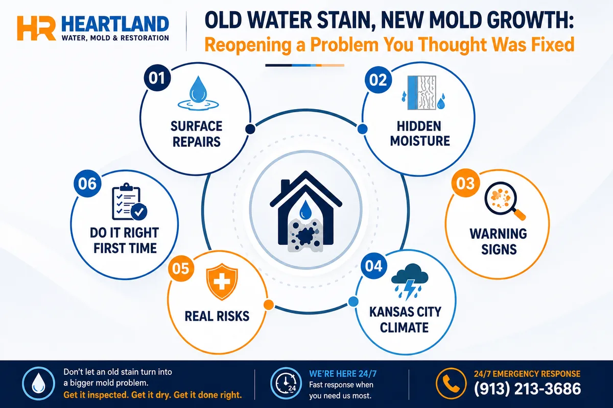 Six part guide to a returning water stain: surface repairs, hidden moisture, warning signs, Kansas City climate, real risks, and doing it right the first time