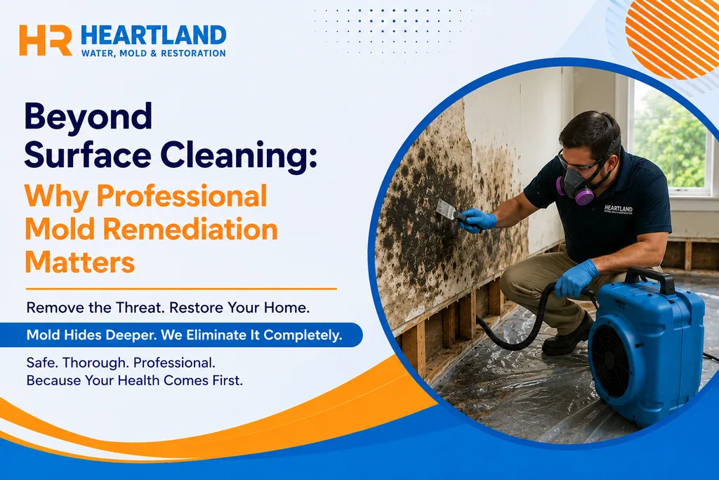 Professional mold remediation process inside a Kansas City home showing hidden mold behind walls