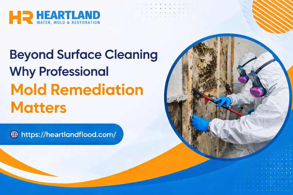Heartland Restoration mold remediation technicians using containment barriers and air filtration equipment