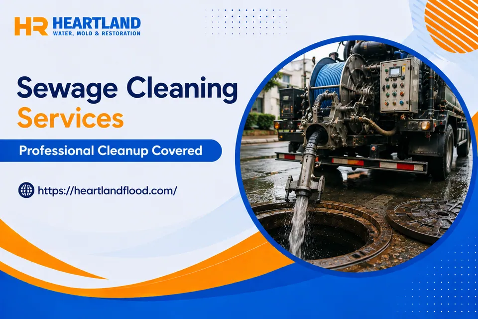 Sewer backup restoration technicians using industrial extraction equipment in Kansas City