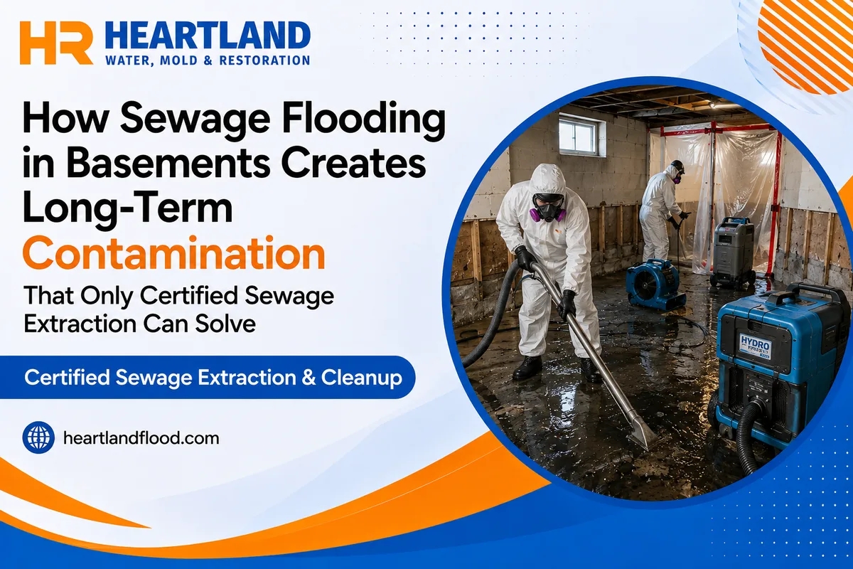 Certified technician extracting sewage from a flooded Kansas City basement under containment
