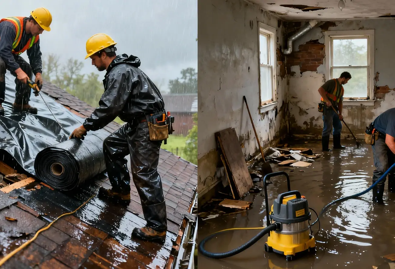 Storm damage restoration crew tarping and drying a Kansas City home