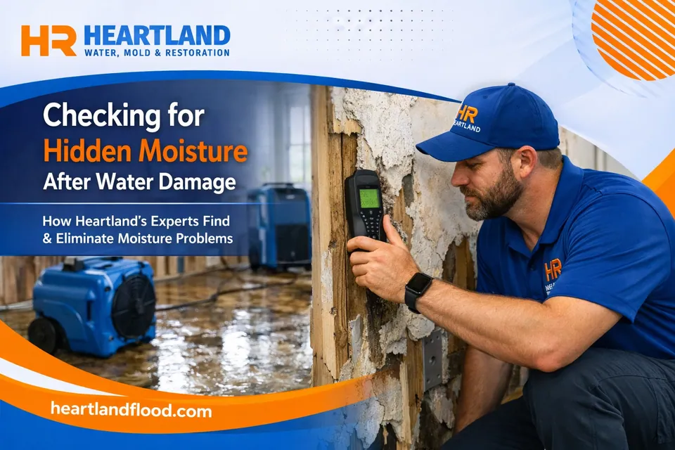 Industrial dehumidifiers and air movers used during structural drying of a water-damaged Kansas City home
