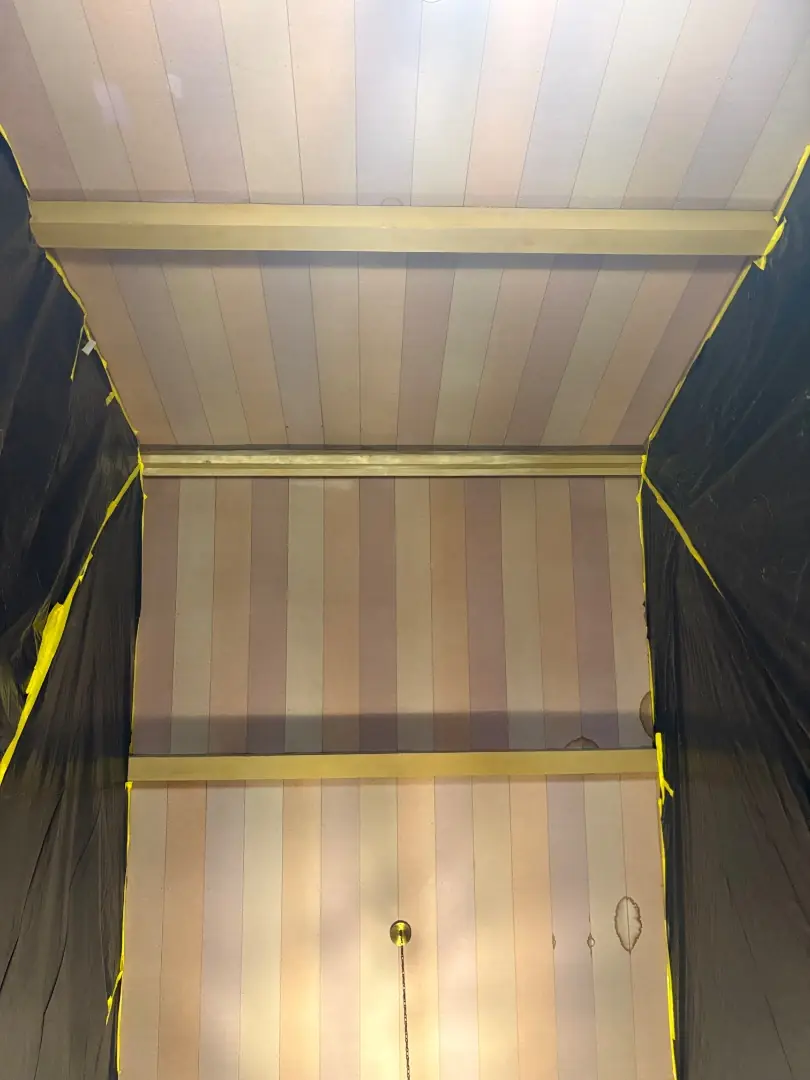 Vaulted ceiling rafters sealed under containment ahead of mold cleaning