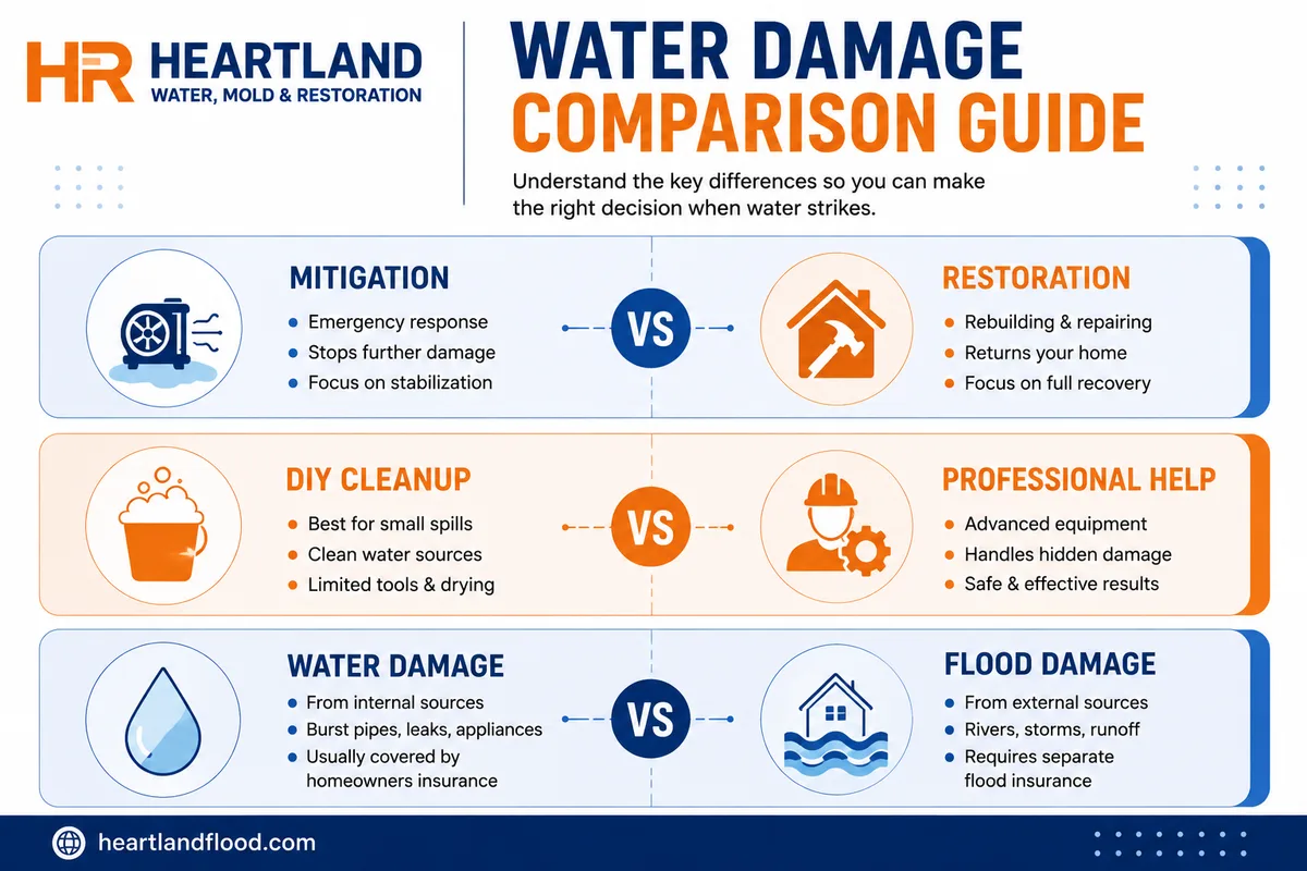 Water damage comparison guide: mitigation vs restoration, DIY cleanup vs professional help, and water damage vs flood damage