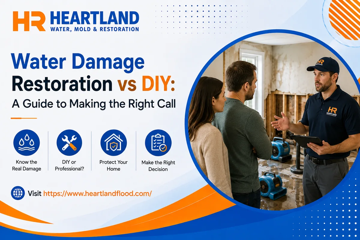 Heartland technician explaining water damage to a Kansas City homeowner in a damaged living room