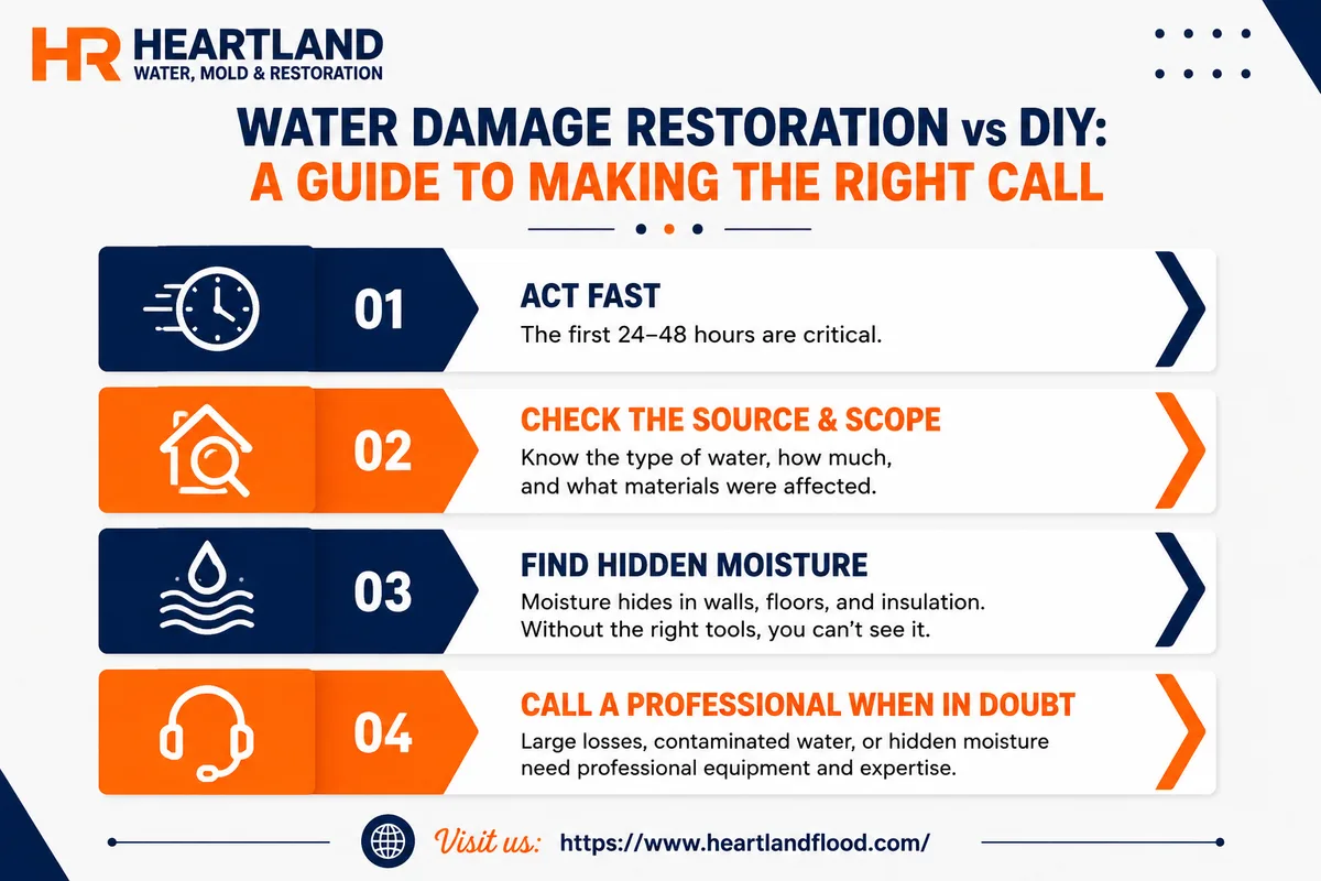 Four step framework for deciding between DIY and professional water damage cleanup: act fast, check the source, find hidden moisture, call a professional when in doubt