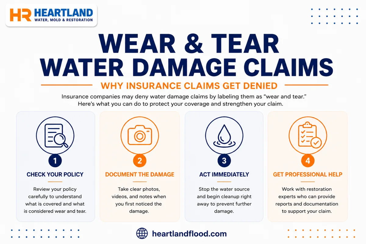 Four steps to protect a water damage claim from a wear and tear denial: check your policy, document the damage, act immediately, get professional help